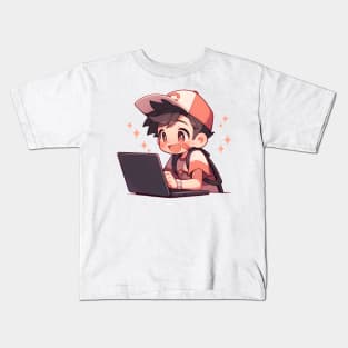 Cute Anime boy using laptop Kids T-Shirt